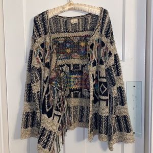 Anthropologie MOTH Spectra Aztec TRIBAL Fringed Left Snap Cardigan Sz L/XL